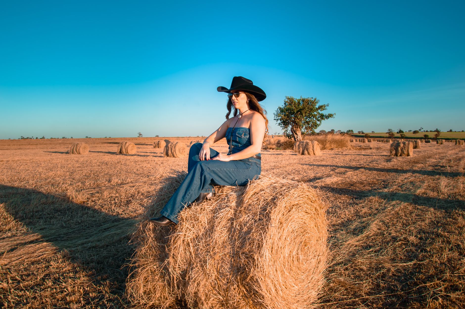 A woman in denim overalls and a cowboy hat sits on a hay bale in a rural field. — Check For Scams Using Eat-and-see site