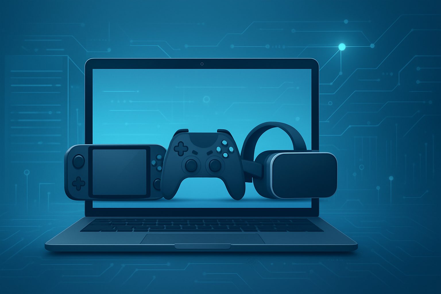 A close-up of a laptop with a gaming console, controller, and VR headset displayed in front of it, set against a tech-th