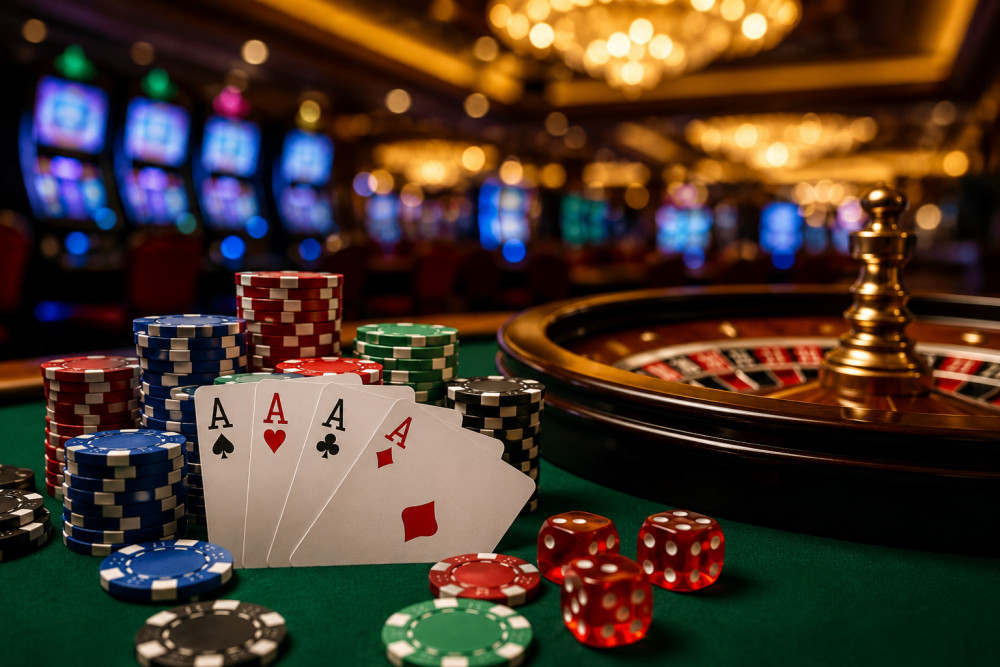 A close-up shot of poker cards, chips, and dice on a casino table with a roulette wheel in the background